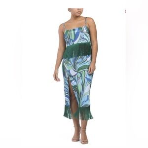 NWOT House of Harlow 1960 Green and Blue Print Fringe top and skirt size small